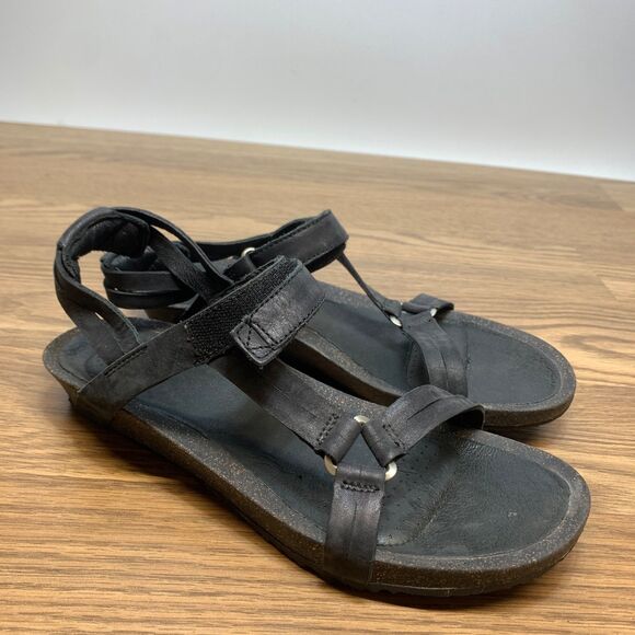 Teva Ysidro Sandals Women's 9 Black Leather Strappy Comfort Wedge Slingback - Picture 1 of 10